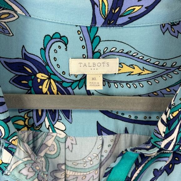 Talbots Blouse XL Blue Paisley Boho Preppy Floral Whimsical Colorful Roll Tab - Picture 5 of 10